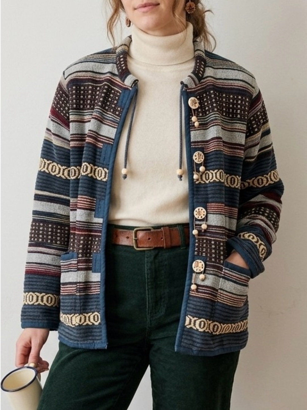 DRESS BARN Vintage 90s Striped Chenille Jacquard Toggle Jacket Southwestern S